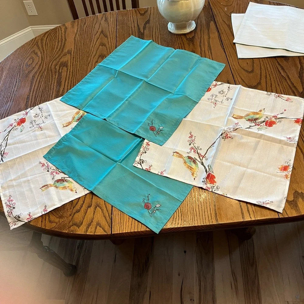 Lenox White Placemats and Napkins with Teal Trim and Multicolor Bird Motif
